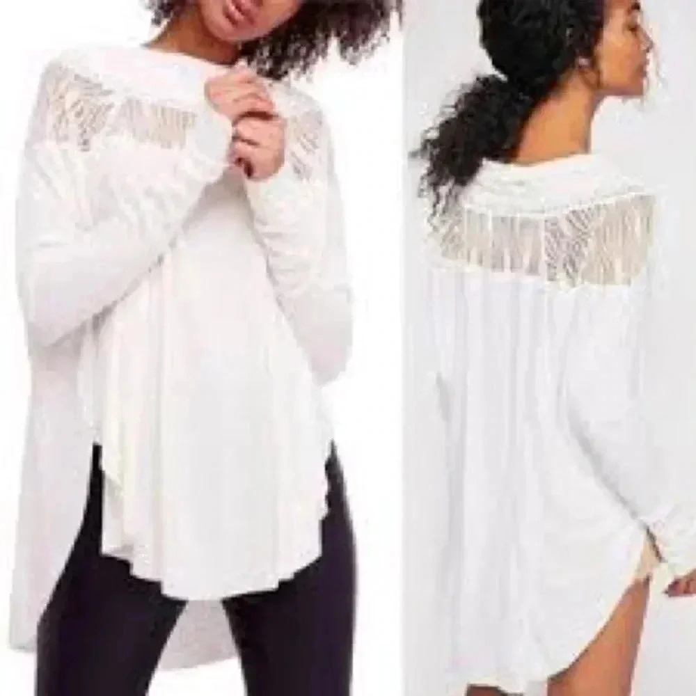 Free People Spring Valley Thermal Long Sleeve Shirt White Lace Size Medium